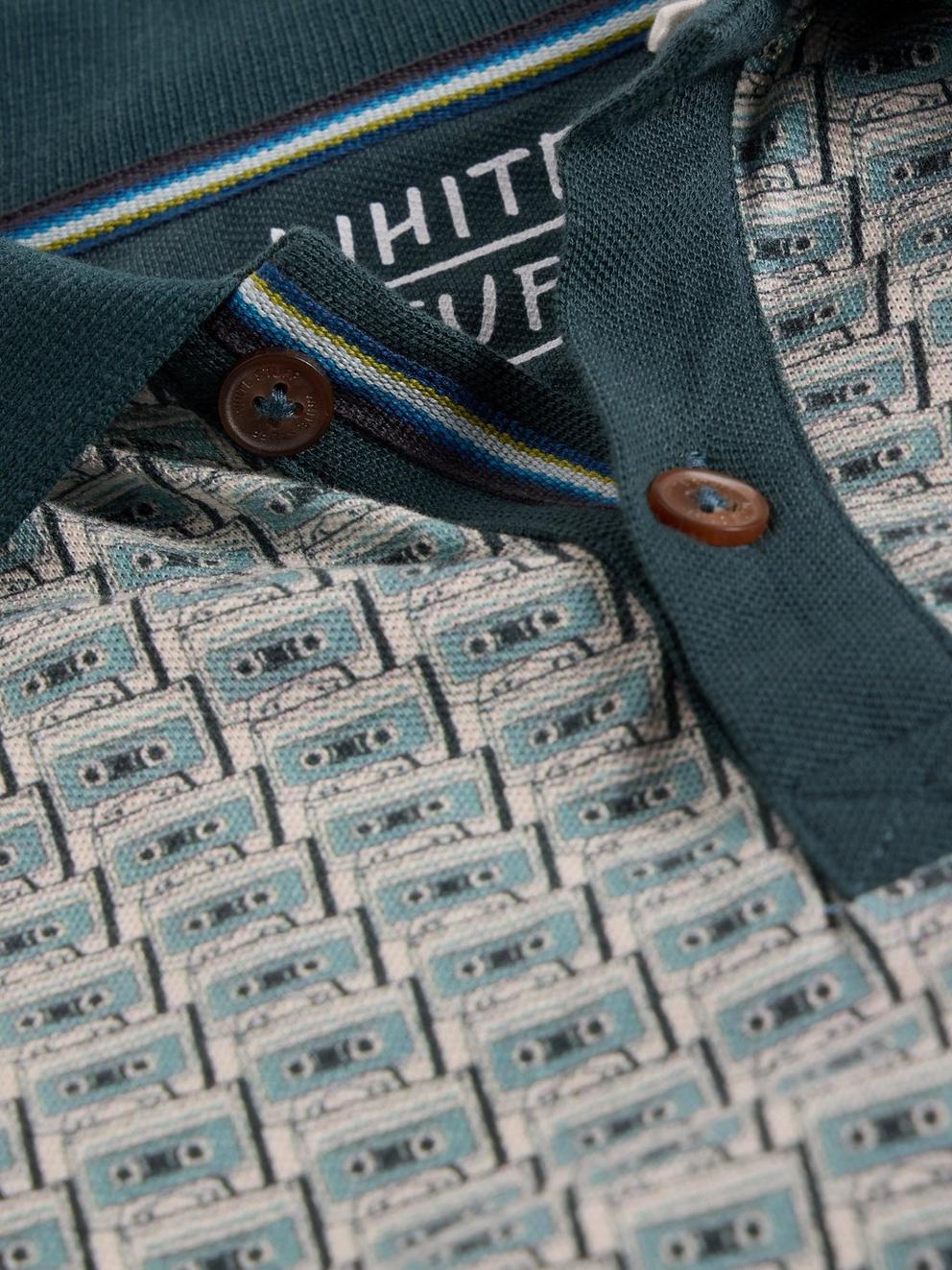 Cassette Tape Printed Polo in TEAL PR - FLAT DETAIL