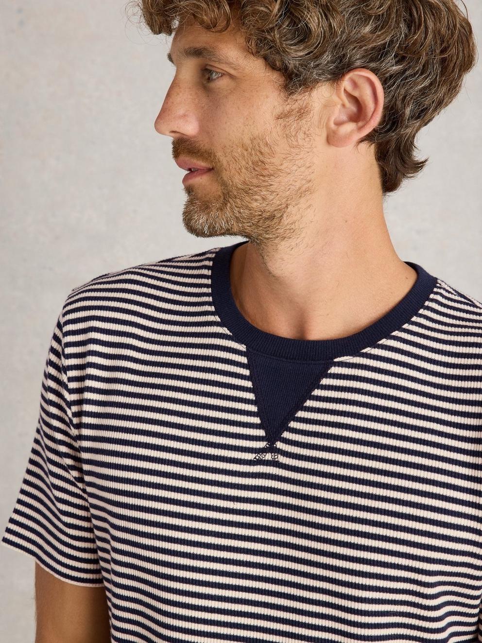 Striped Rib Tee in NAVY MULTI - MODEL DETAIL