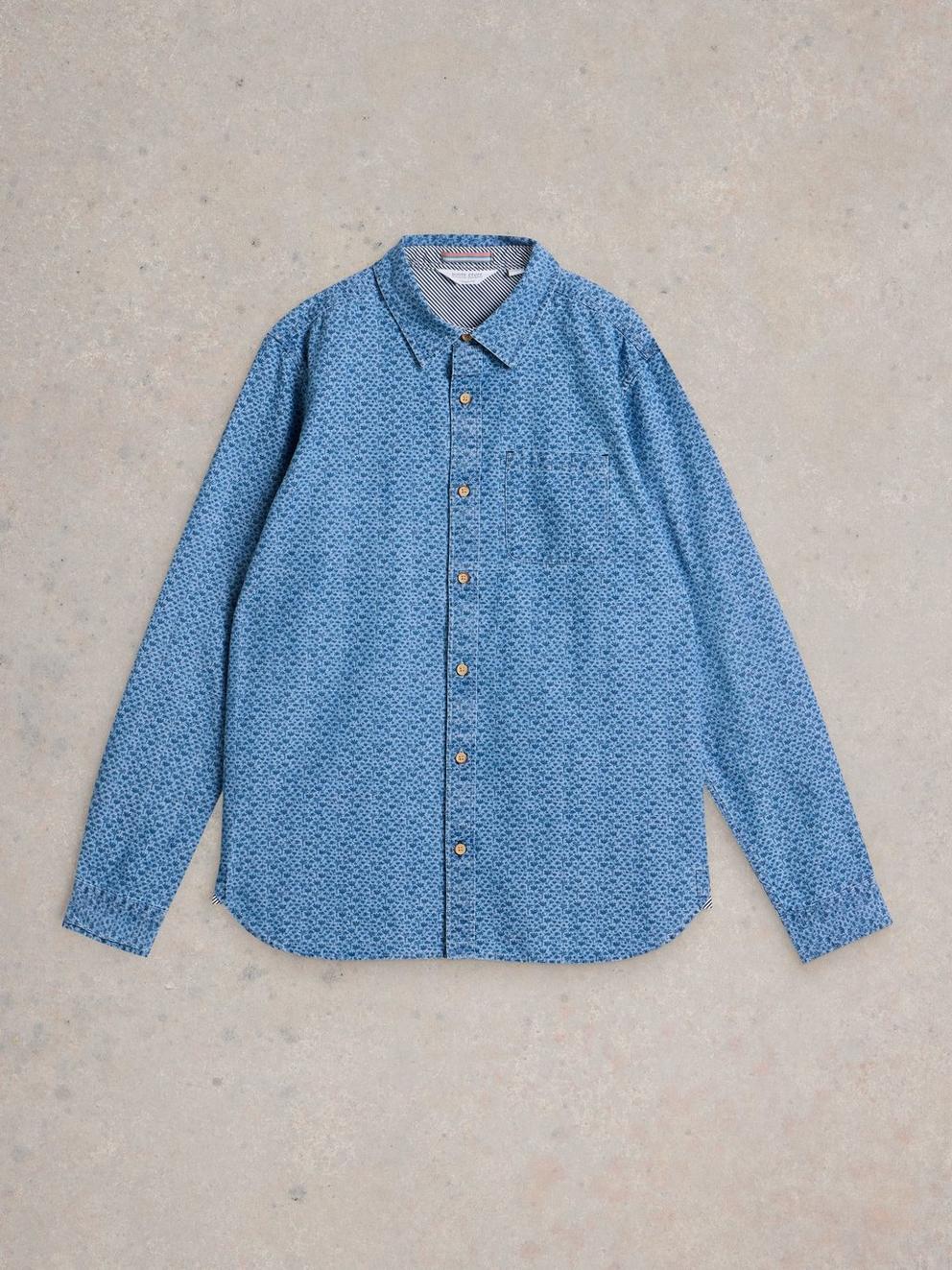 Leaf Printed Long Sleeve Shirt in CHAMB BLUE - FLAT FRONT