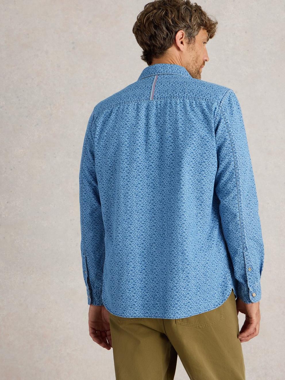 Leaf Printed Long Sleeve Shirt in CHAMB BLUE - MODEL BACK