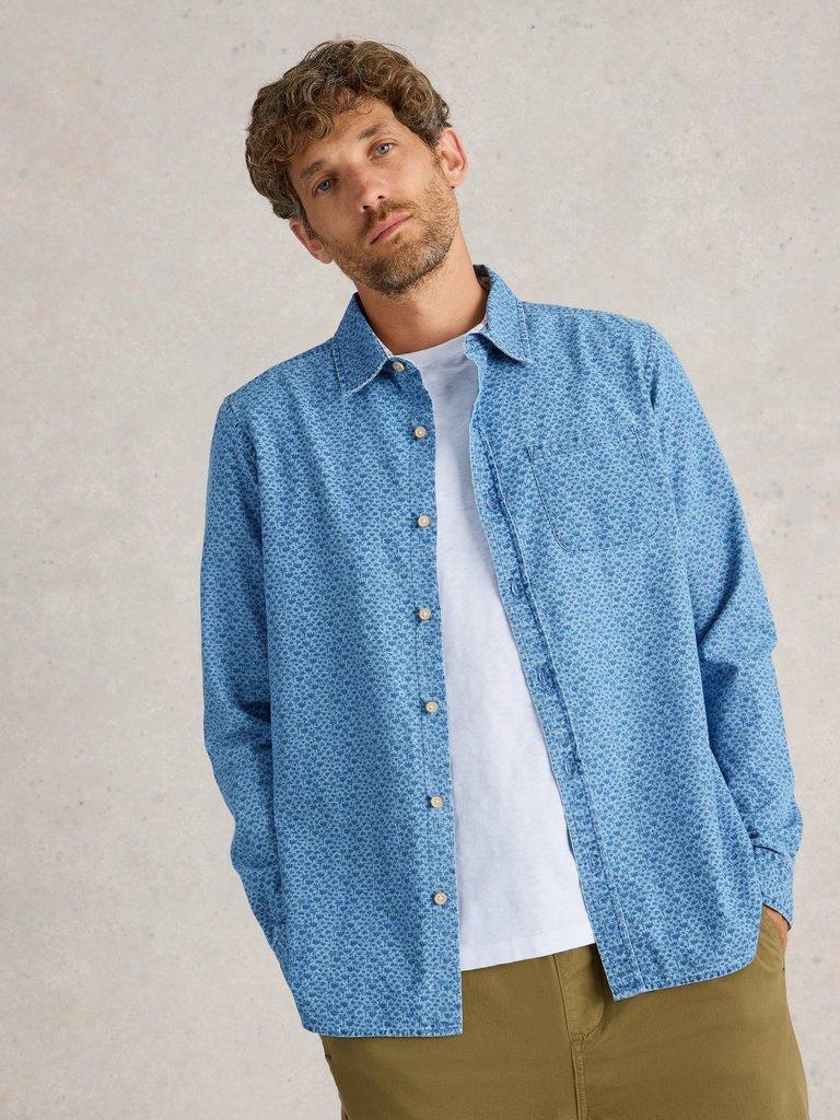 Leaf Printed Long Sleeve Shirt in CHAMB BLUE - MODEL DETAIL