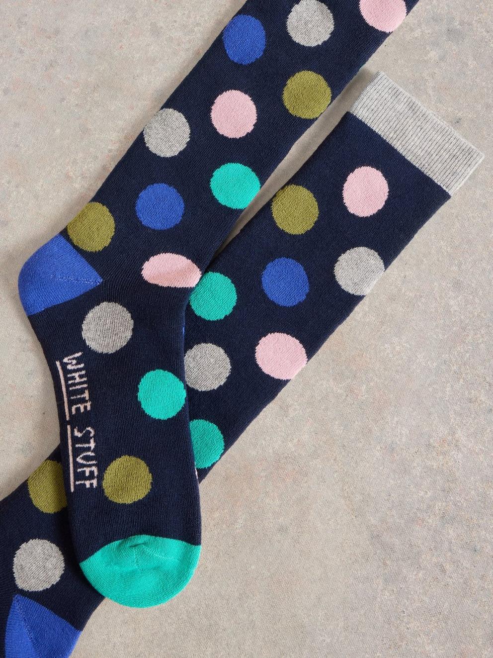 Multi Spot Knee High Sock in NAVY MULTI - FLAT DETAIL