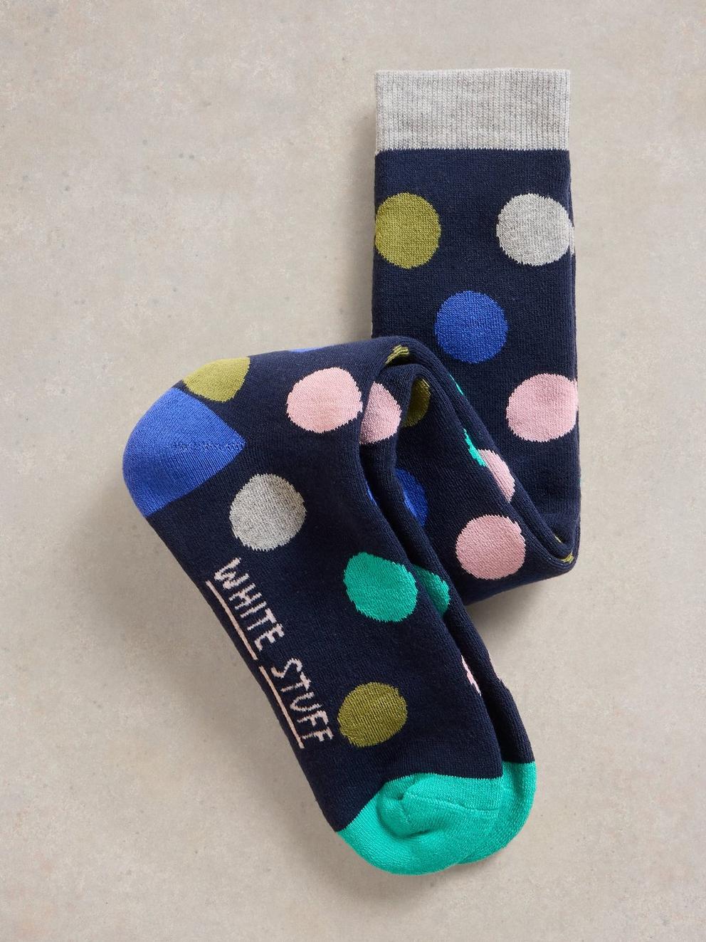 Multi Spot Knee High Sock in NAVY MULTI - FLAT FRONT