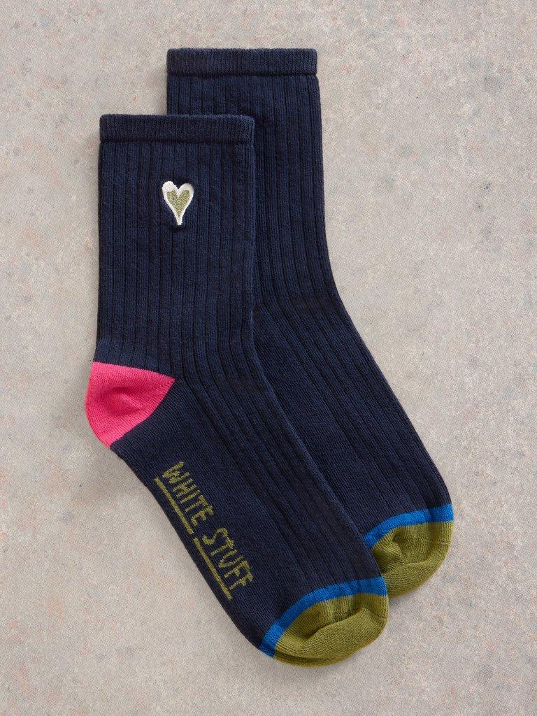 Embroidered Heart Organic Cotton Sock in DARK NAVY - FLAT FRONT