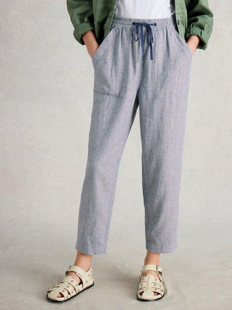 Linen Blend Elle Trouser in BLUE MLT - MODEL DETAIL