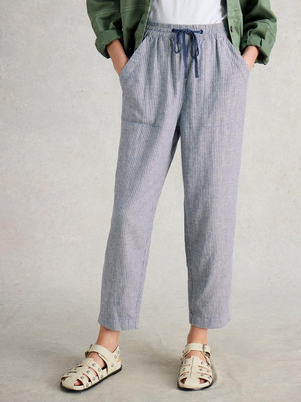 Linen Blend Elle Trouser in BLUE MLT - MODEL DETAIL