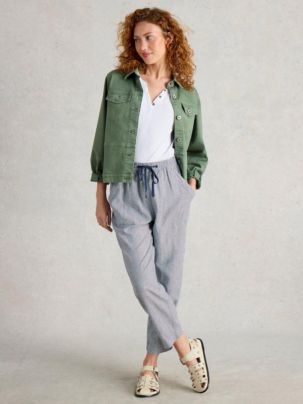 Linen Blend Elle Trouser in BLUE MLT - MODEL FRONT