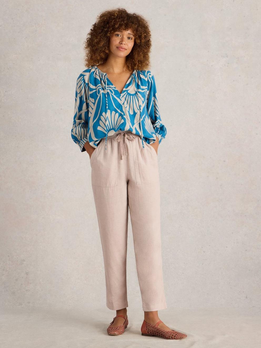 Linen Blend Elle Trouser in LGT NAT - MODEL FRONT