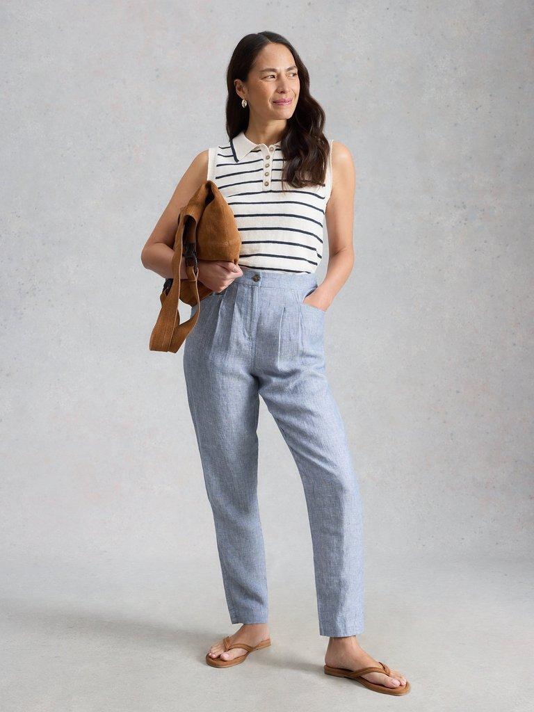 Rowena Linen Trousers in CHAMB BLUE - MODEL FRONT