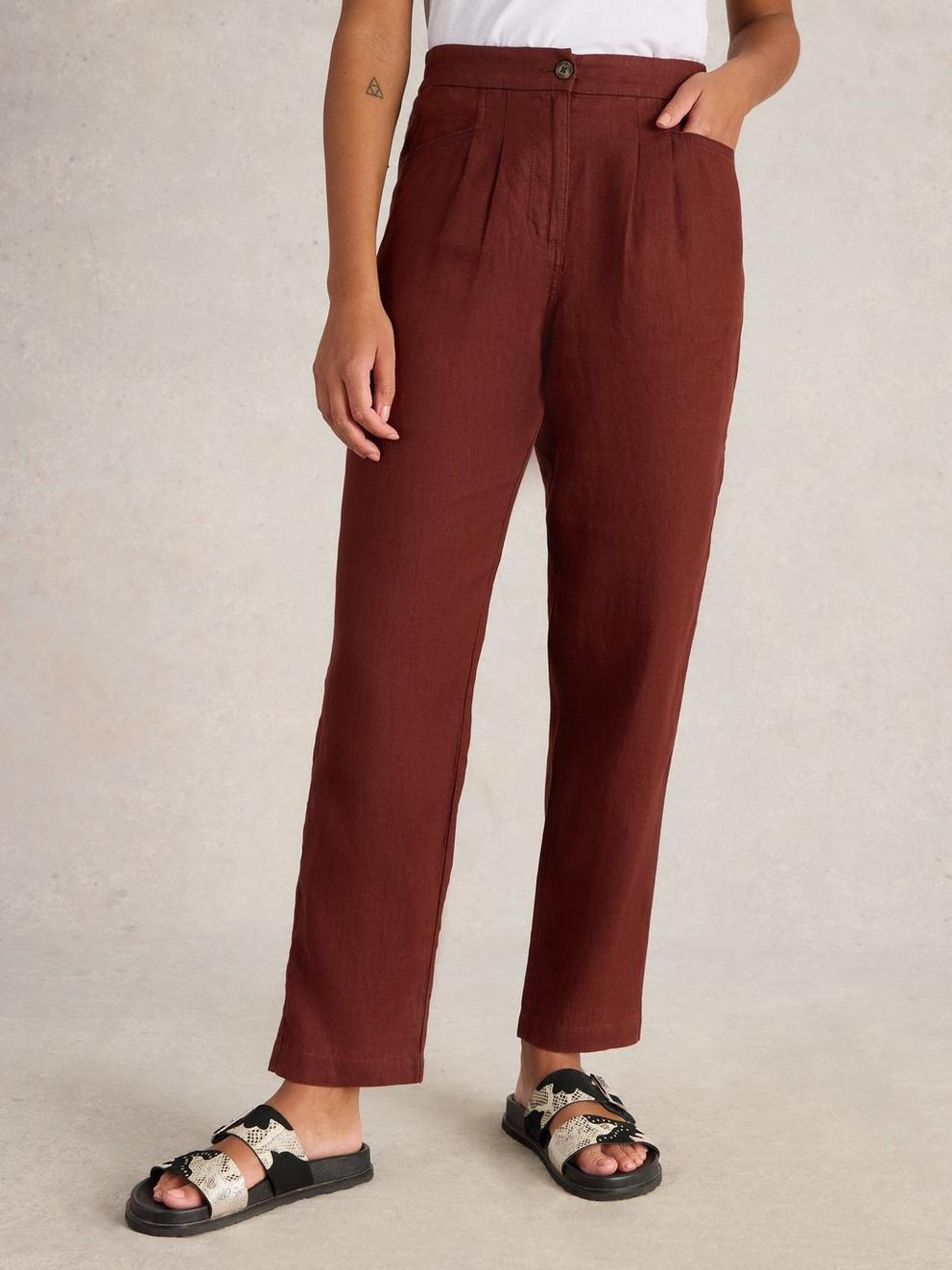 Rowena Linen Trousers in DK RED - MODEL DETAIL