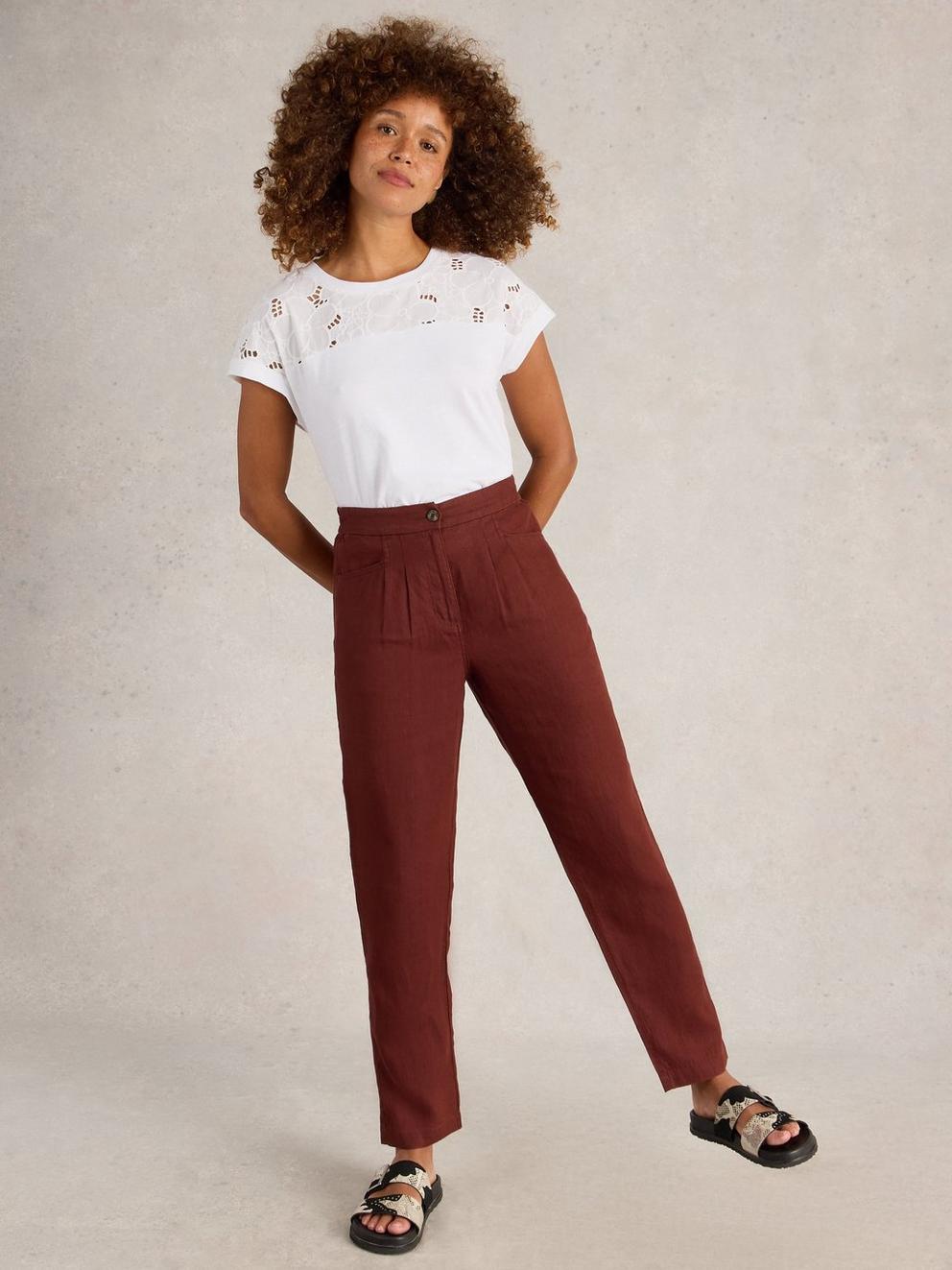 Rowena Linen Trousers in DK RED - MODEL FRONT