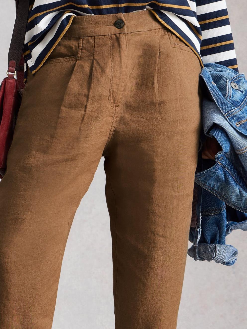 Rowena Linen Trousers in MID TAN - MODEL DETAIL