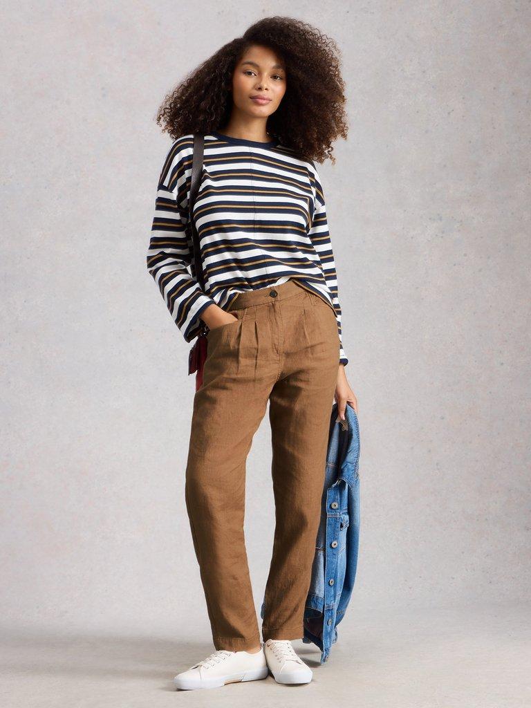 Rowena Linen Trousers in MID TAN - MODEL FRONT