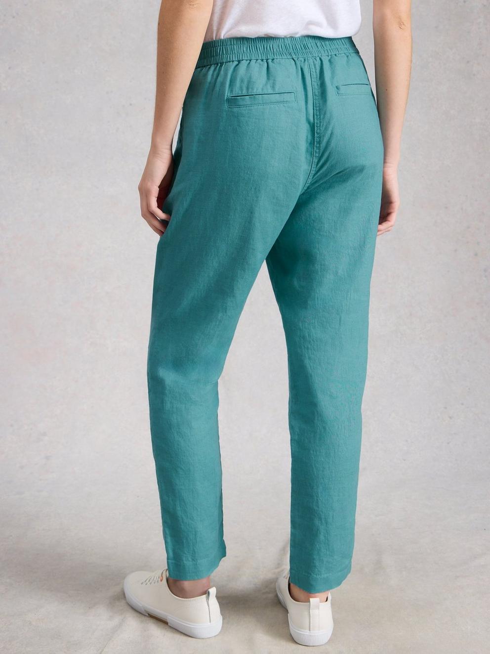 Rowena Linen Trousers in MID TEAL - MODEL BACK