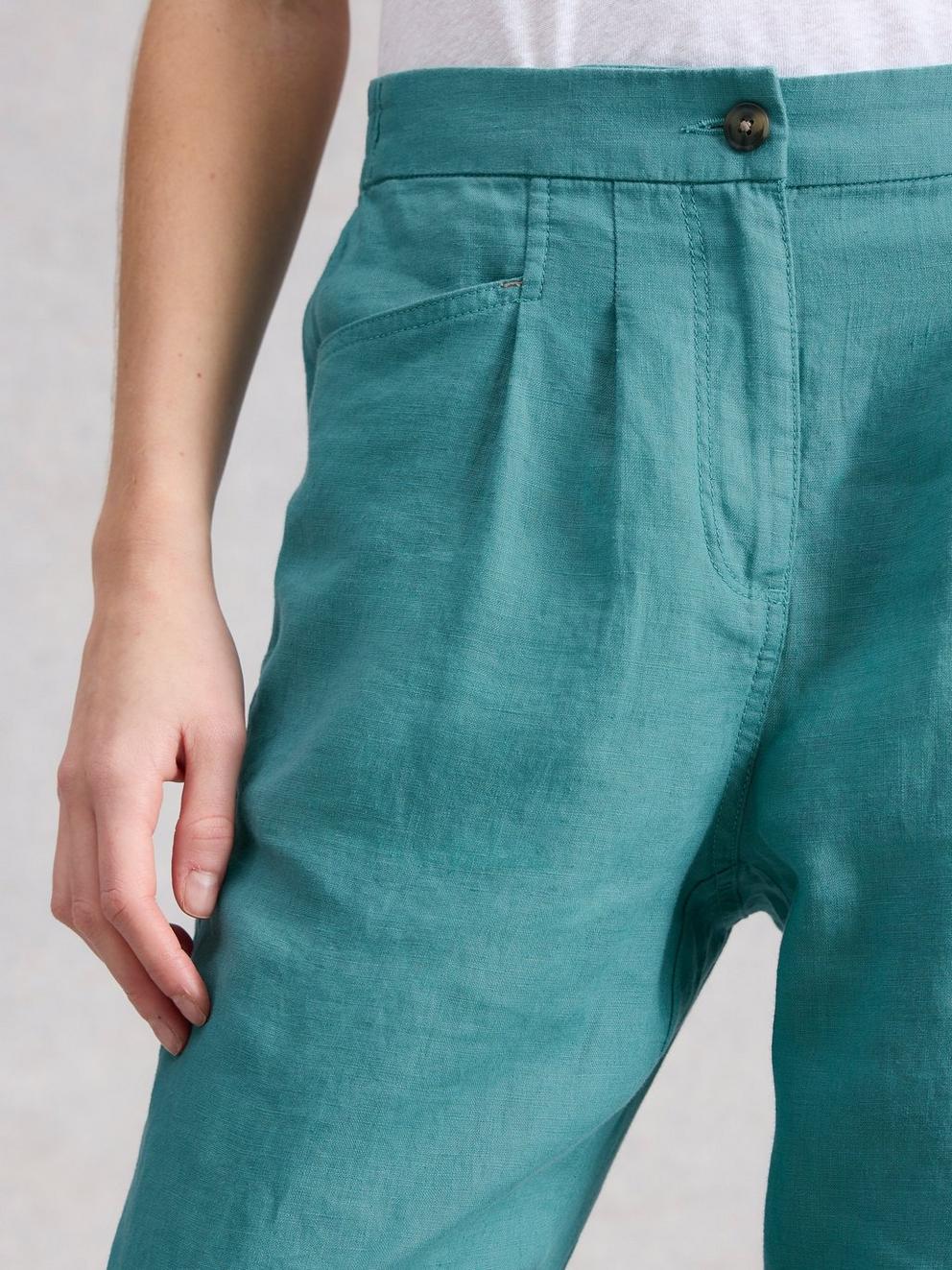 Rowena Linen Trousers in MID TEAL - MODEL DETAIL