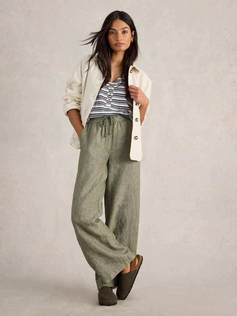 Belle Linen Wide Leg Trouser in MID GREEN - MODEL FRONT