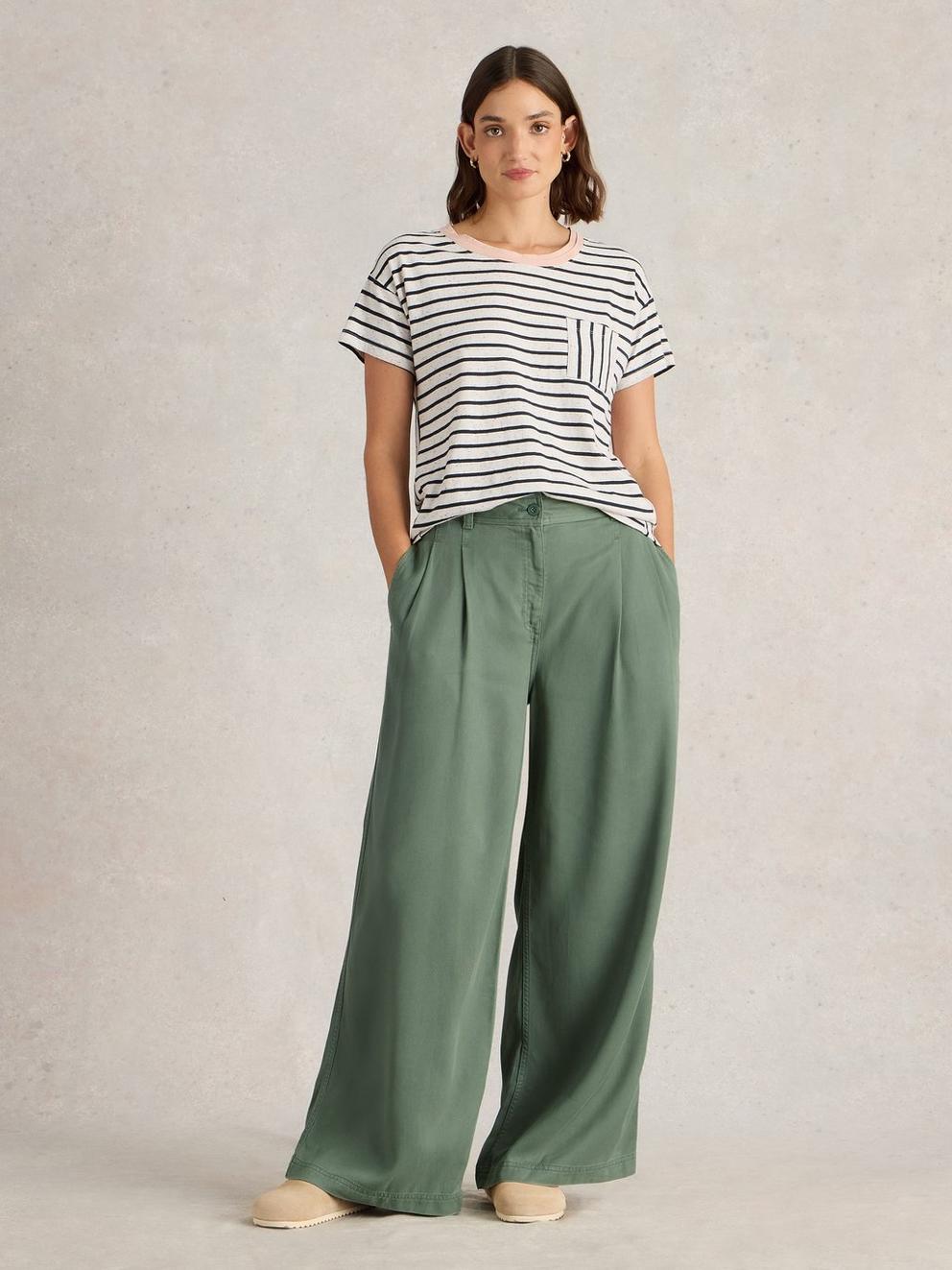 Sasha Wide Leg Trouser in DUS GREEN - MODEL FRONT