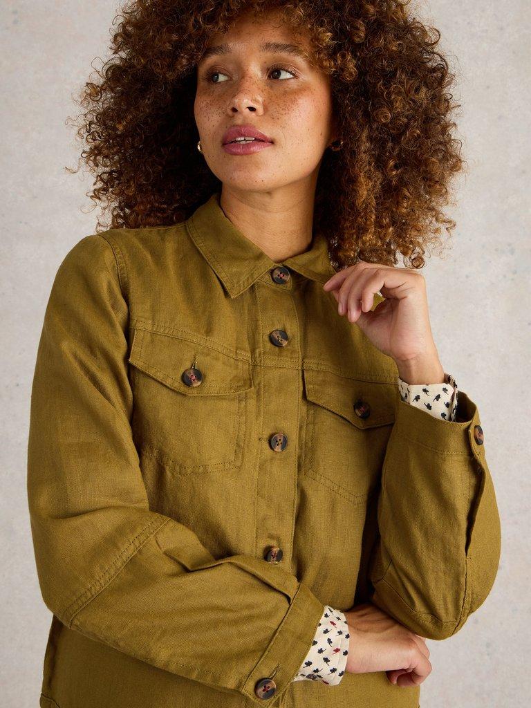 Camille Linen Jacket in KHAKI GRN - MODEL DETAIL