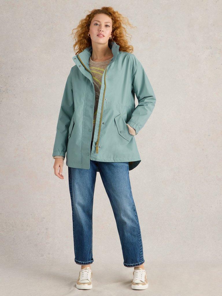 Lexi Waterproof Coat in DUS BLUE - MODEL FRONT