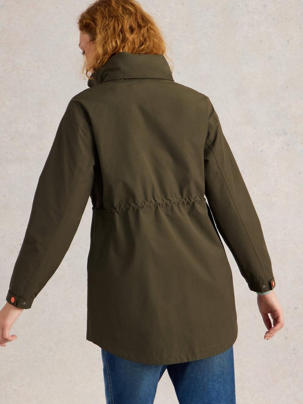 Lexi Waterproof Coat in KHAKI GRN - MODEL BACK