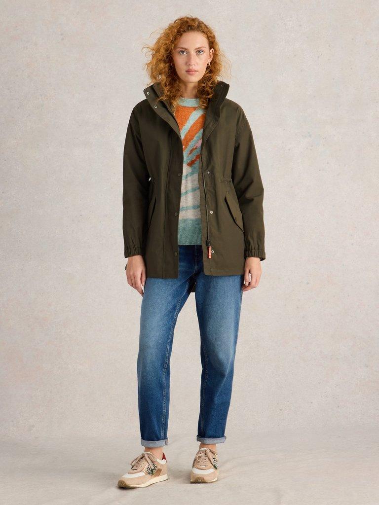 Lexi Waterproof Coat in KHAKI GRN - MODEL FRONT