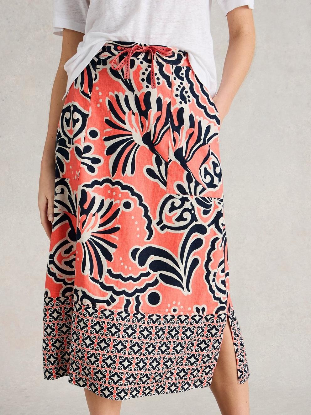 Linen Blend Elle Skirt in CORAL PR - MODEL DETAIL