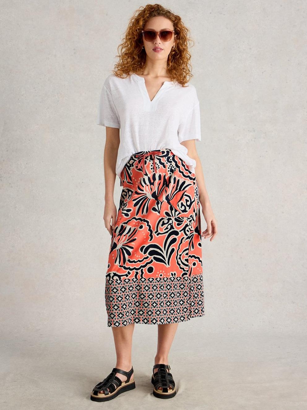 Linen Blend Elle Skirt in CORAL PR - MODEL FRONT