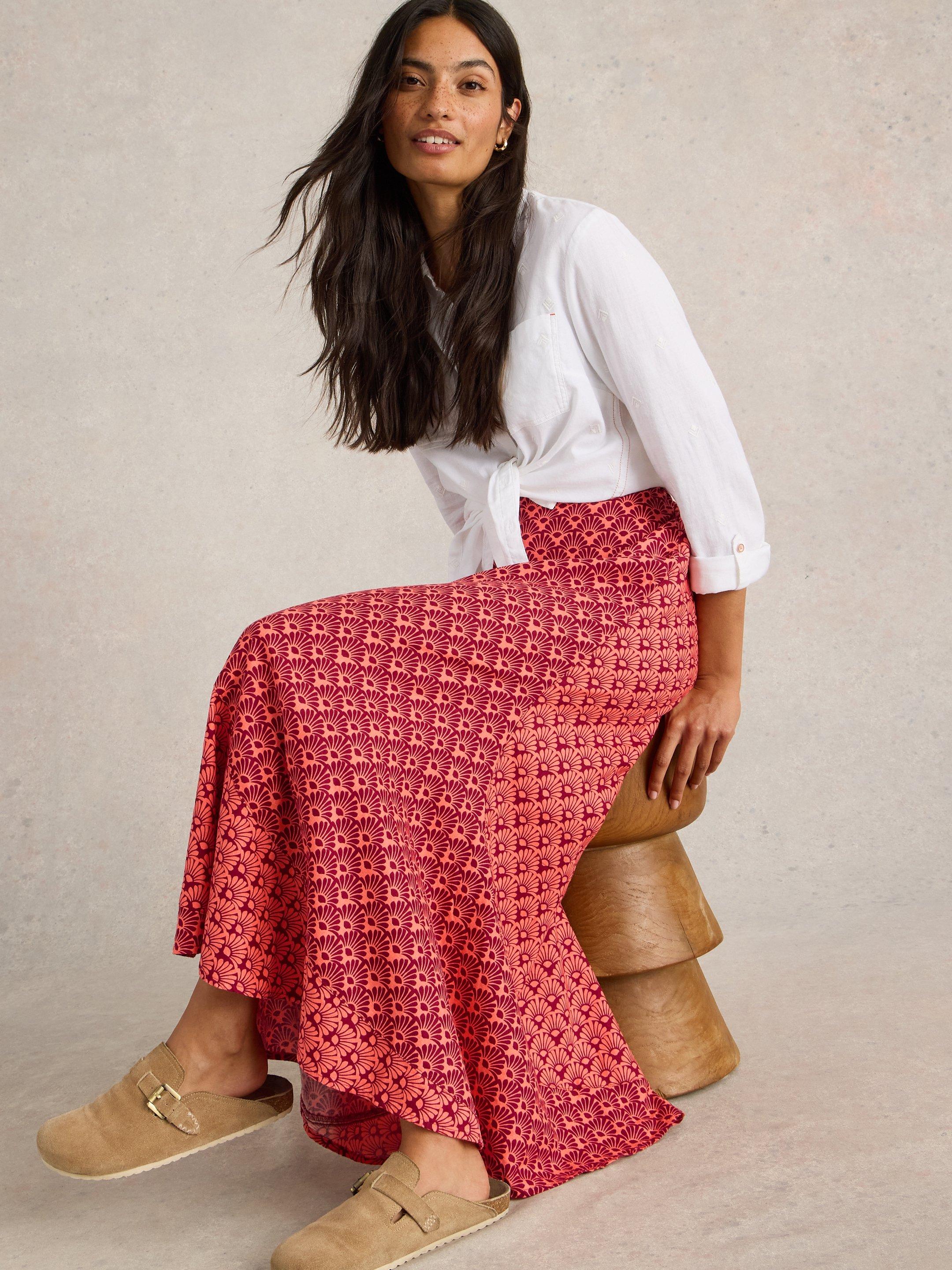 Sara Linen Blend Maxi Skirt in RED MULTI White Stuff