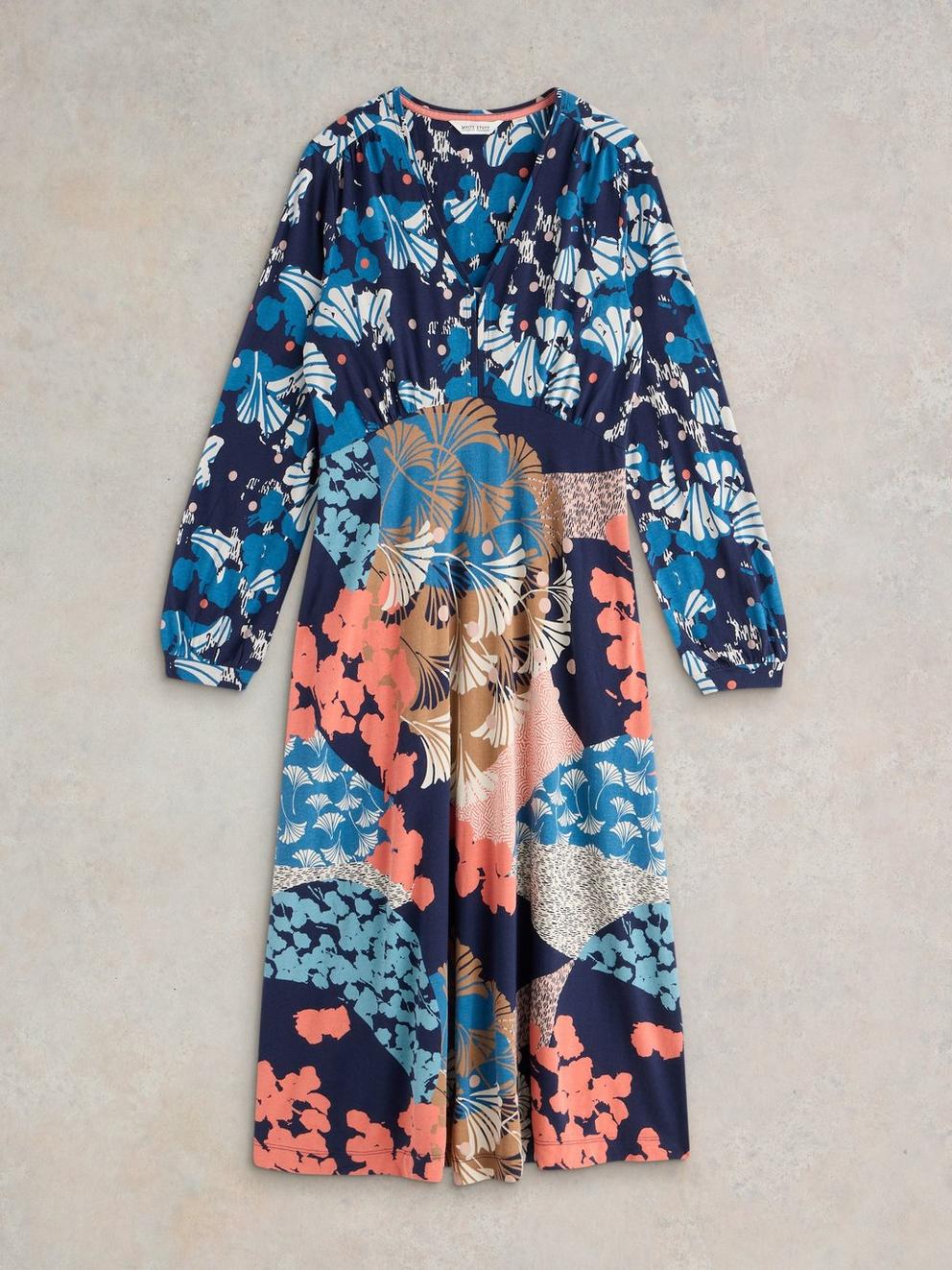 Megan Midi Jersey Dress in NAVY MULTI - FLAT FRONT