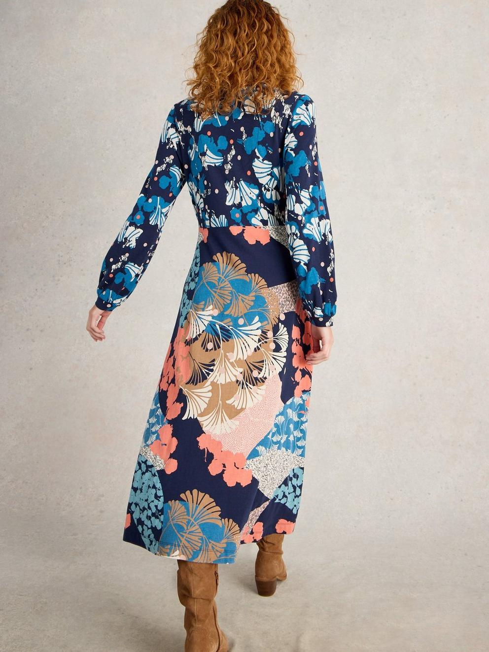 Megan Midi Jersey Dress in NAVY MULTI - MODEL BACK