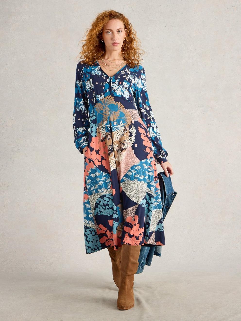 Megan Midi Jersey Dress in NAVY MULTI - MODEL FRONT