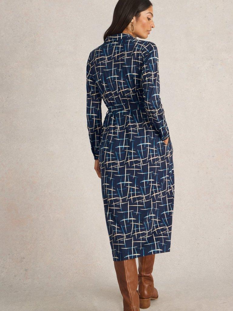 Annie Jersey Shirt Midi Dress in NAVY PR - MODEL BACK
