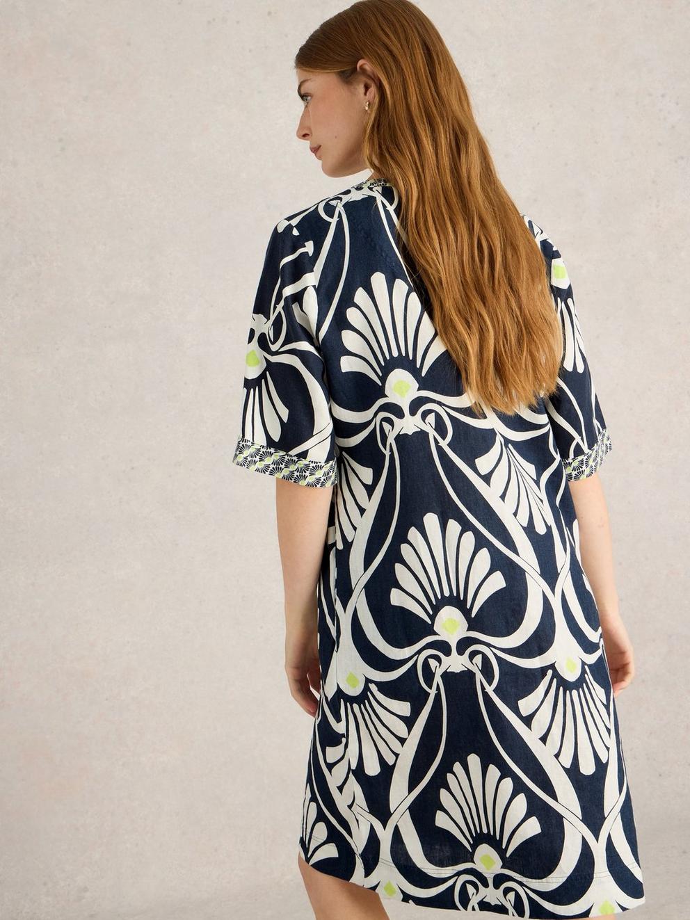 Ash Linen Dress in NAVY PR - MODEL BACK
