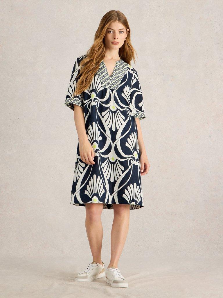 Ash Linen Dress in NAVY PR - MODEL FRONT