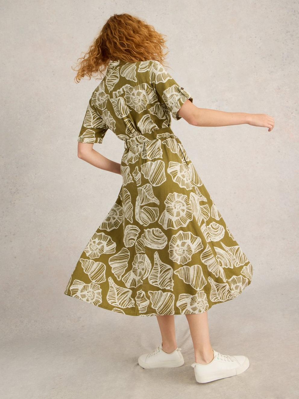 Tiff Linen Blend Shirt Dress in GREEN PR - MODEL BACK