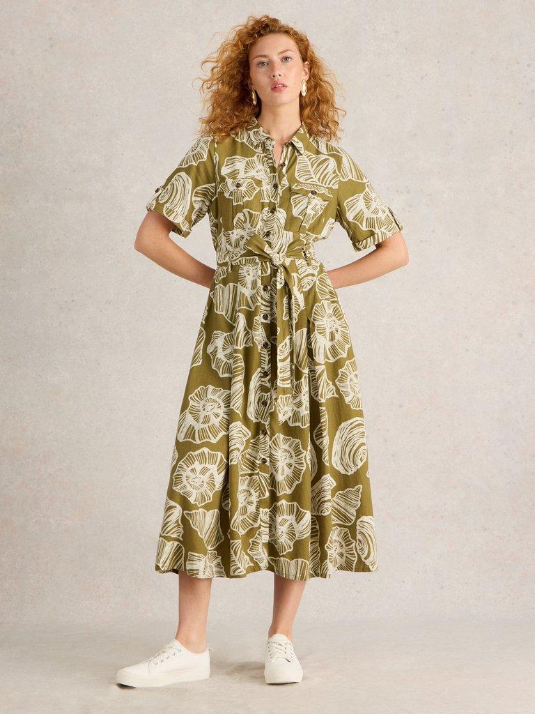 Tiff Linen Blend Shirt Dress in GREEN PR - MODEL FRONT