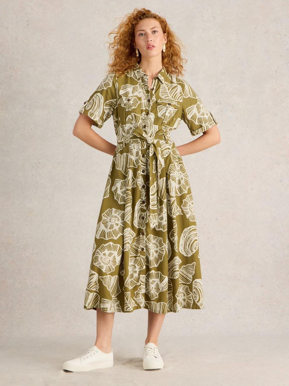 Tiff Linen Blend Shirt Dress in GREEN PR - MODEL FRONT