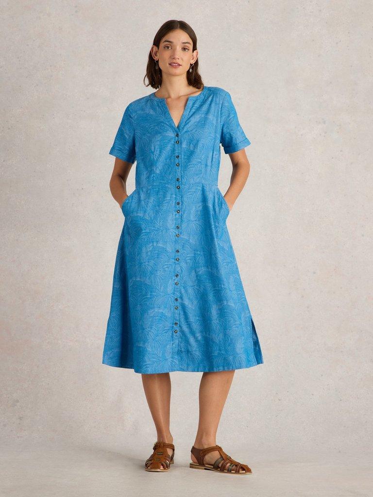 Iris Cotton Jacquard Dress in CHAMB BLUE - MODEL FRONT