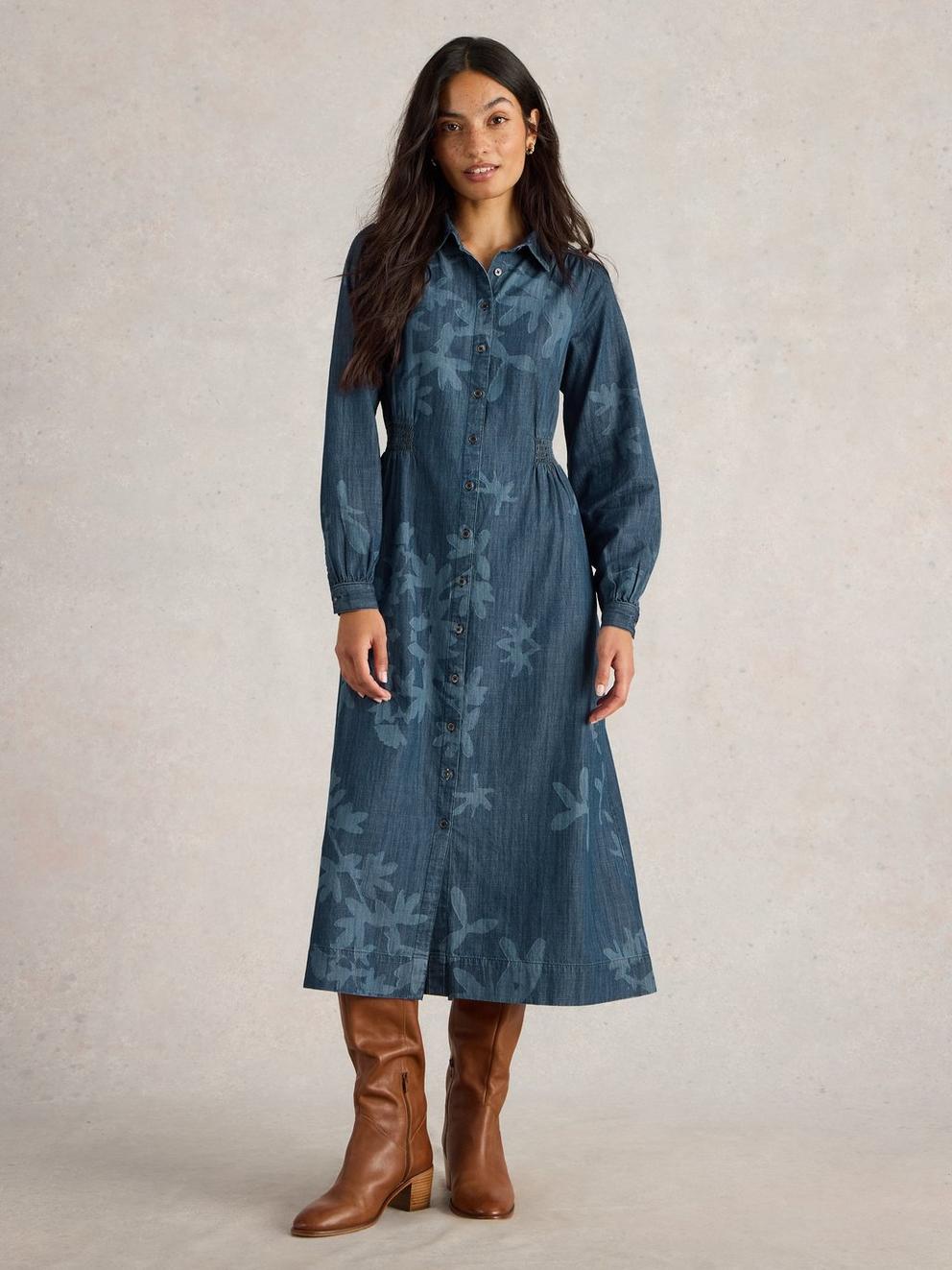 Farah Denim Midi Dress in DENIM PR - MODEL FRONT