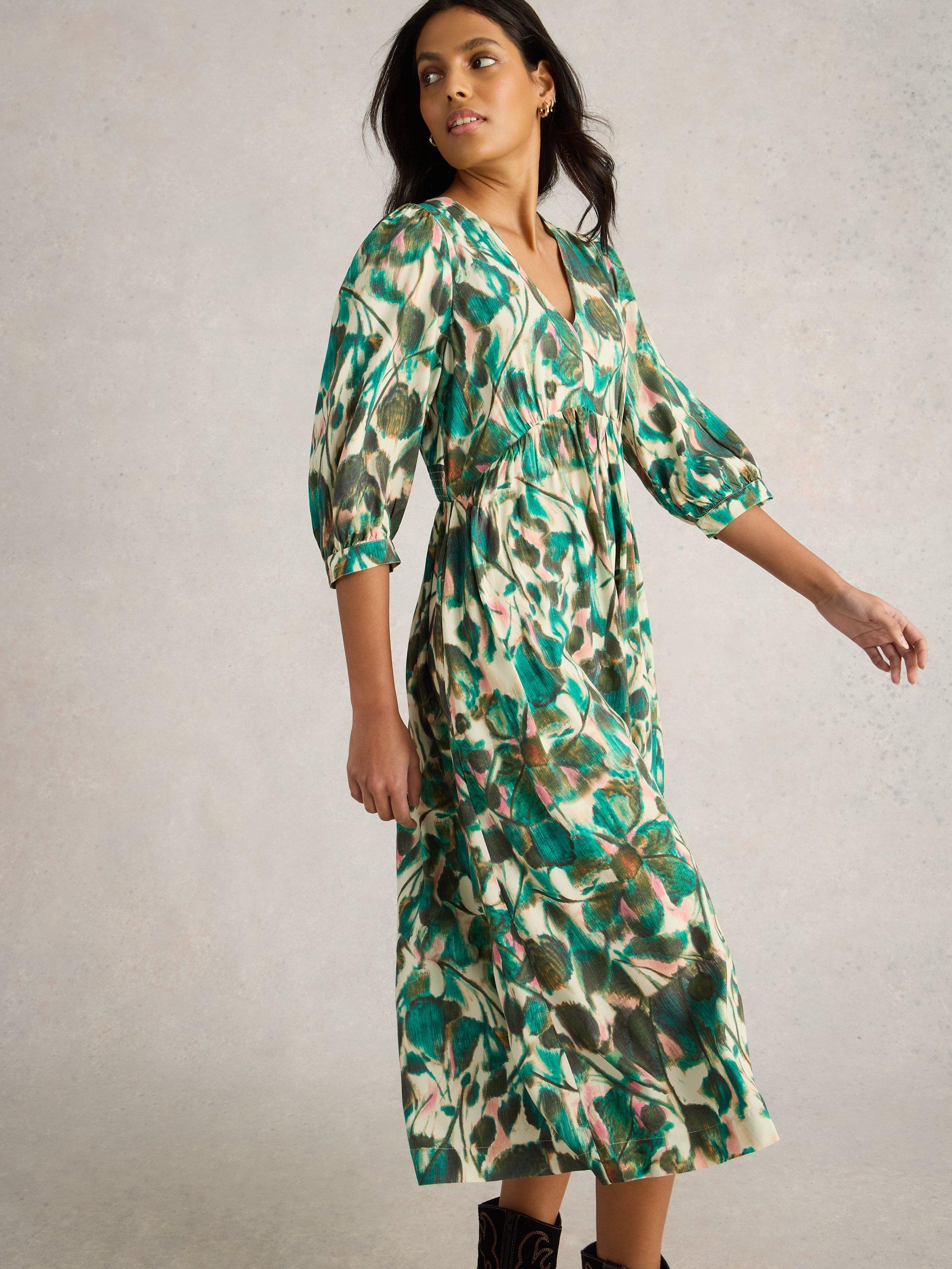 green and white midi dress with sleeves Lucy Mid Sleeve in PRINT 10.24_EssentialsSale