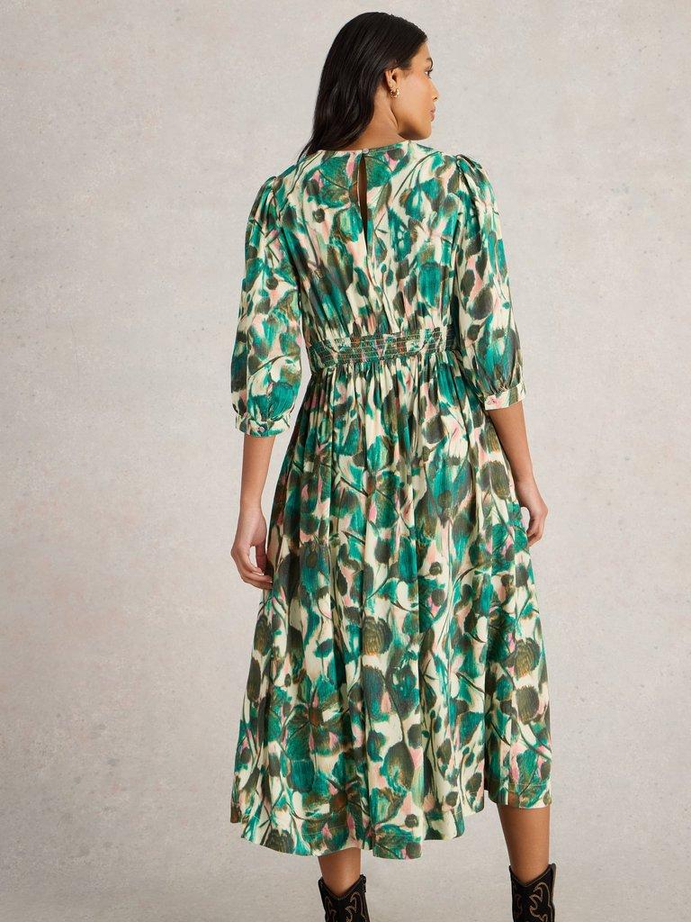 Lucy Mid Sleeve Midi Dress in GREEN PR - MODEL BACK