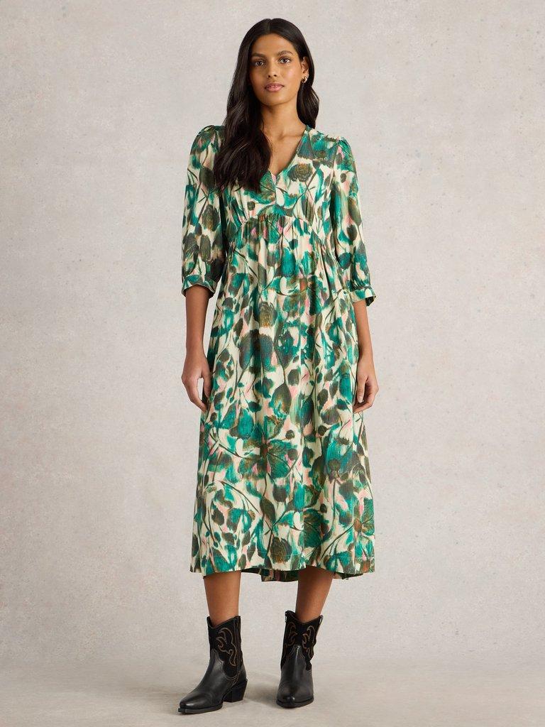 Lucy Mid Sleeve Midi Dress in GREEN PR - MODEL FRONT