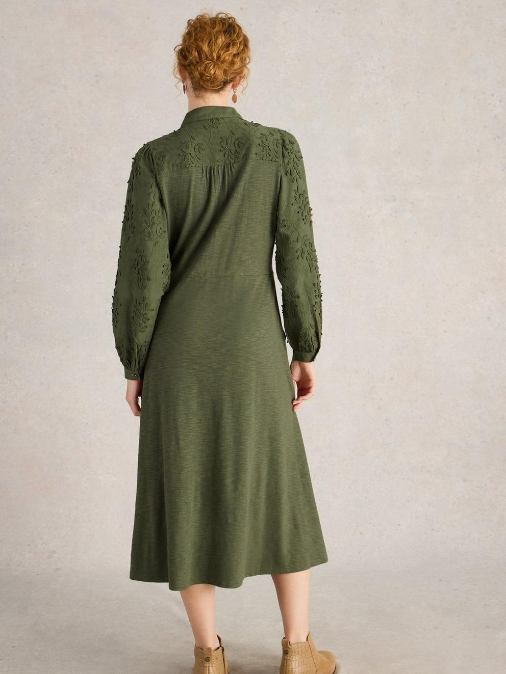 Rua Embroidered Dress in DUS GREEN - MODEL BACK