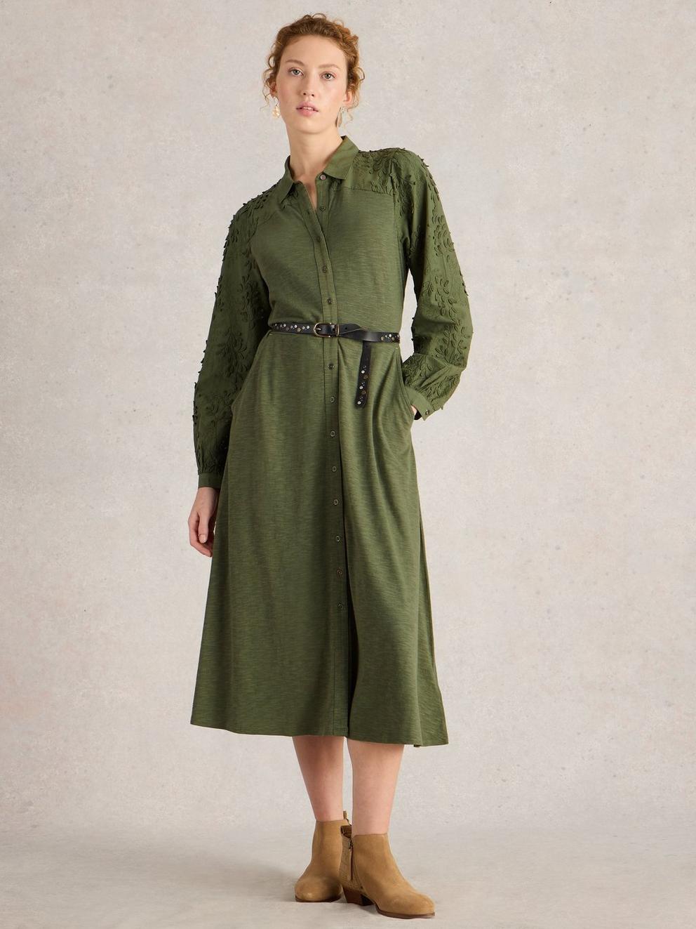 Rua Embroidered Dress in DUS GREEN - MODEL FRONT