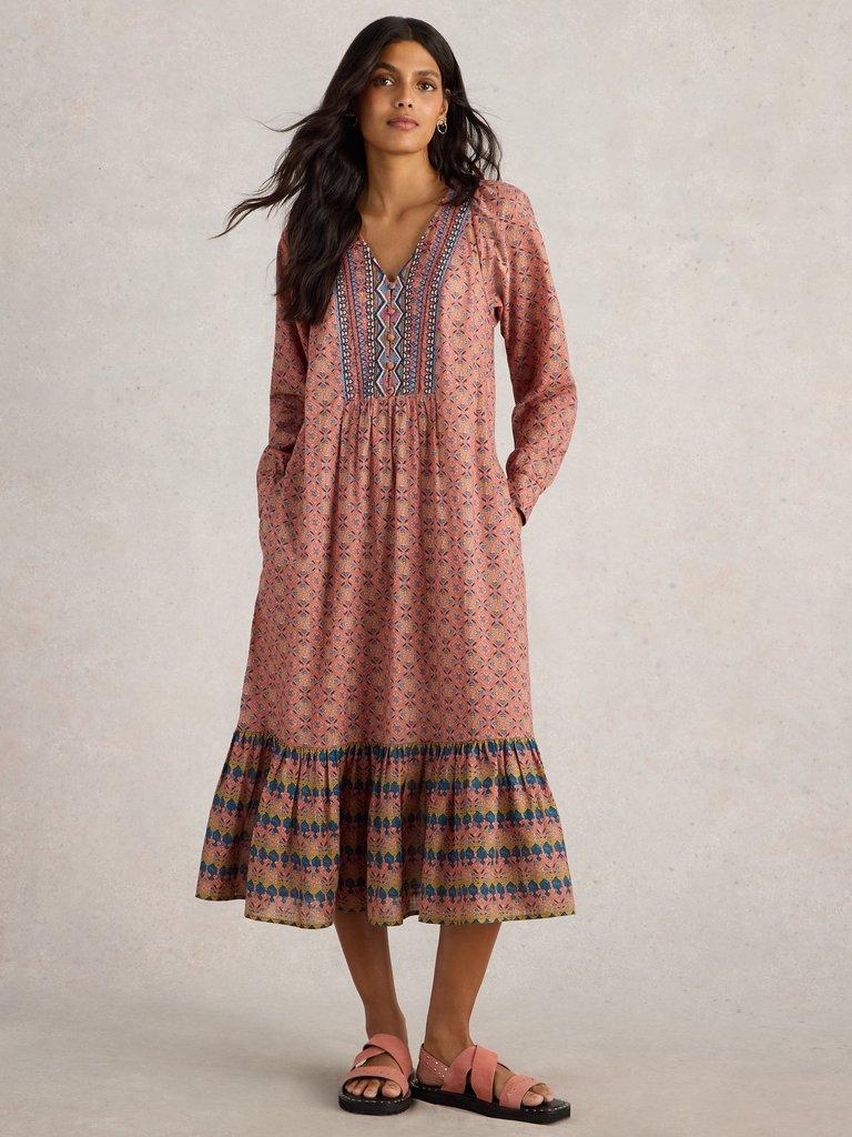 Abigail Embroidered Dress in PINK MLT - MODEL FRONT