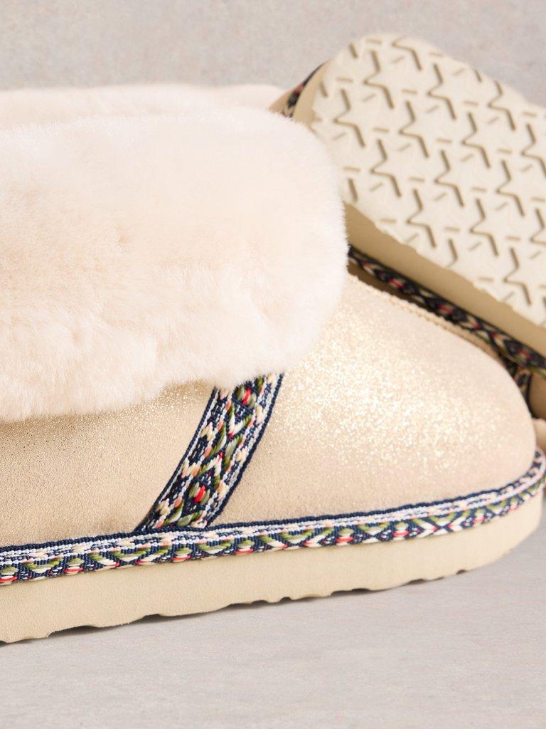 Suede Shearling Slipper Boot in GLD TN MET - FLAT DETAIL