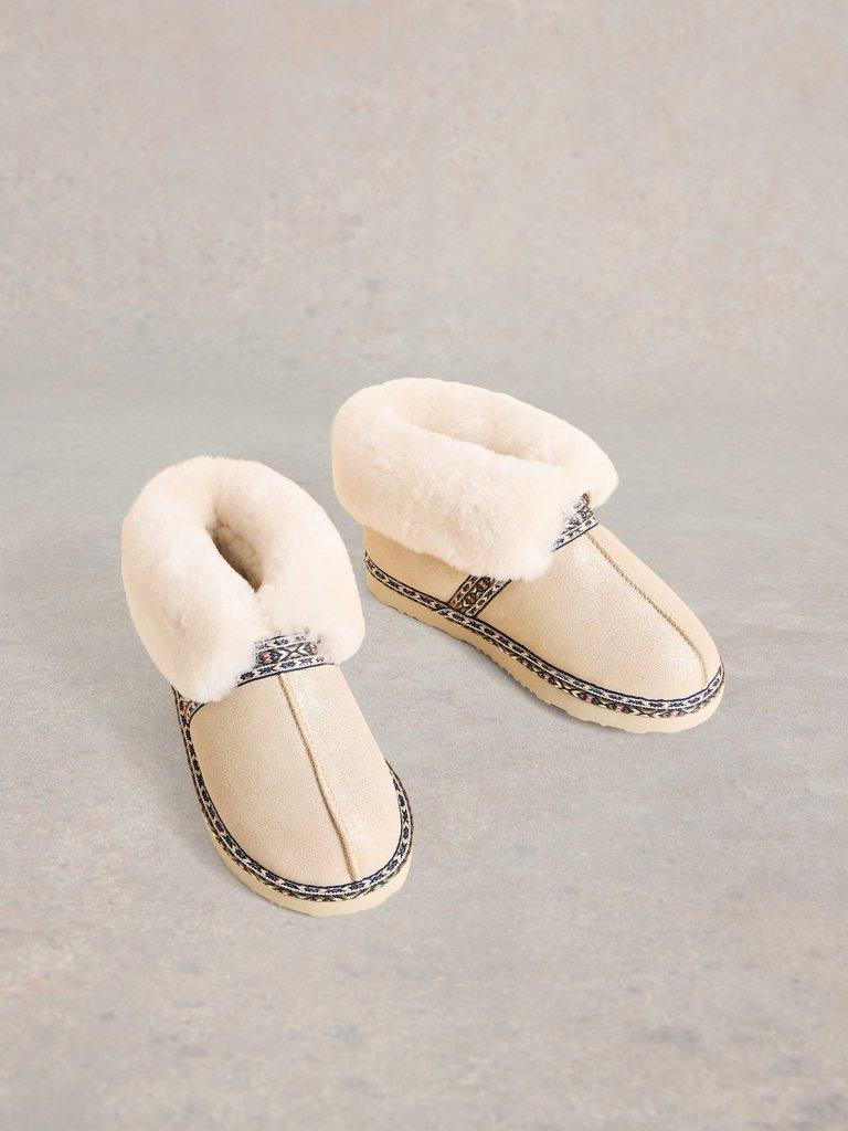 Suede Shearling Slipper Boot in GLD TN MET - FLAT FRONT