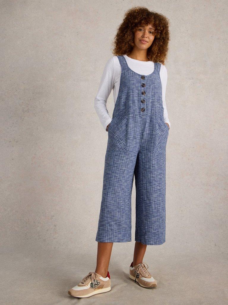 Viola Sleeveless Linen Dungaree in CHAMB BLUE - MODEL FRONT