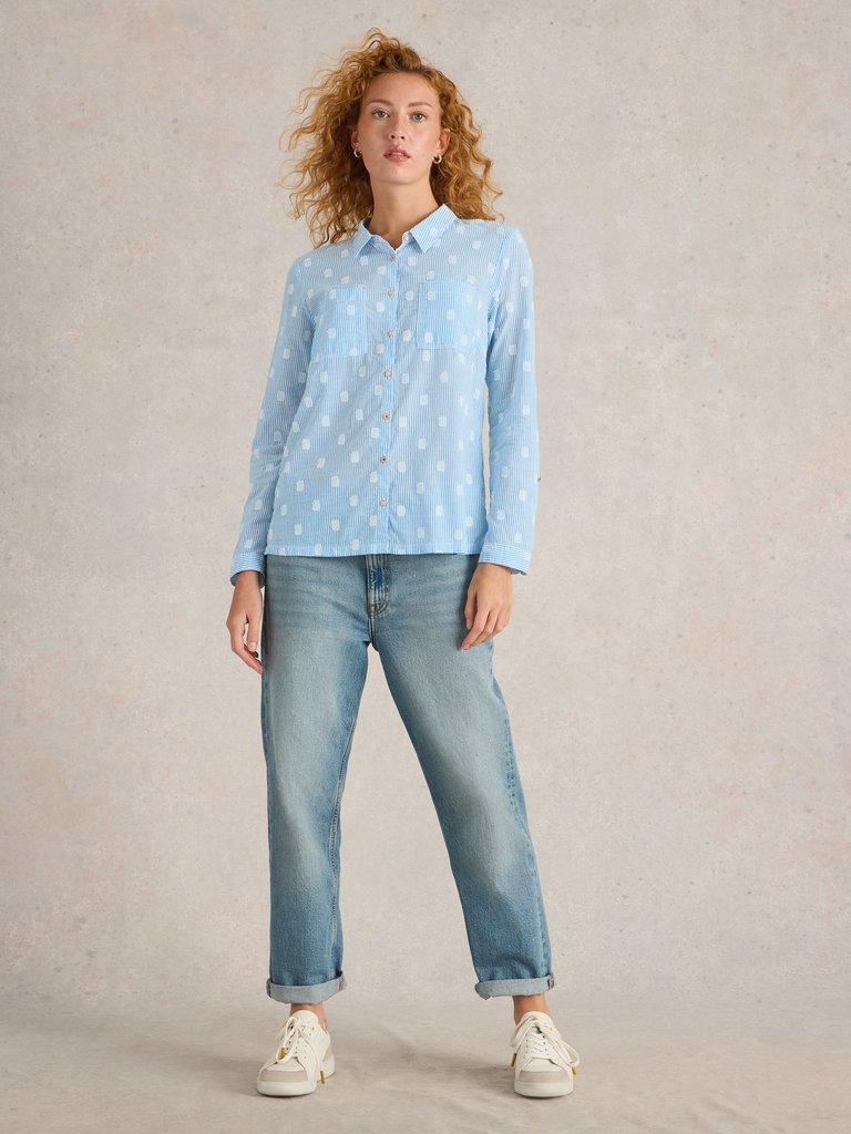 Sophie Organic Cotton Long Sleeve Shirt in BLUE MLT - MODEL FRONT