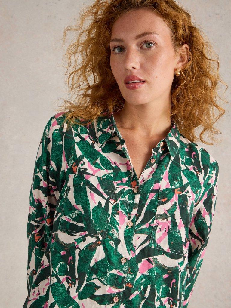 Sophie Organic Cotton Long Sleeve Shirt in GREEN PR - MODEL DETAIL